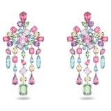 Swarovski Gema clip earrings, Mixed cuts, Chandelier, Extra long, Multicolored, Rhodium plated