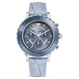 Swarovski Octea Lux Chrono watch, Swiss Made, Leather strap, Blue, Stainless steel