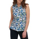 Womens Sleeveless Collared Floral Button Front Knit Top
