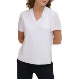 Womens Pleated Short Flutter Sleeve V-Neck T-Shirt