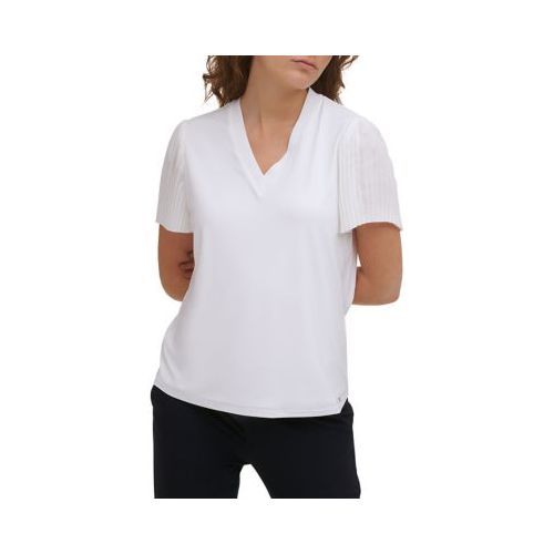 타미힐피거 Womens Pleated Short Flutter Sleeve V-Neck T-Shirt