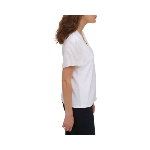 타미힐피거 Womens Pleated Short Flutter Sleeve V-Neck T-Shirt