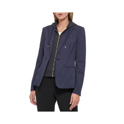 타미힐피거 Womens Long Sleeve Pinstripe One Button Hooded Jacket