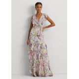 Womens Floral Ruffle-Trim Georgette Gown