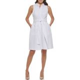 Womens Sleeveless Belted Solid Fit and Flare Dress