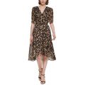Womens Puff Sleeve Floral Chiffon Fit and Flare Dress