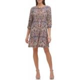 Womens 3/4 Puff Sleeve Keyhole Neck Floral Pleated Dress