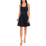 Womens Sleeveless Scuba Crepe Belted Fit and Flare Dress