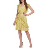 Womens Flutter Sleeve V-Neck Ruffle Floral Chiffon Fit and Flare Dress