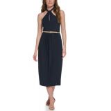 Womens Sleeveless Halter Neck Belted Fit and Flare Dress