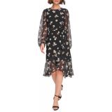 Womens Blouson Sleeve Floral Chiffon Fit and Flare Dress