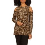 Womens Cheetah Print Long Sleeve Cold Shoulder Shirt