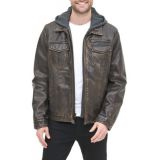 Mens Faux Leather Sherpa Lined Trucker Jacket With Jersey Hood