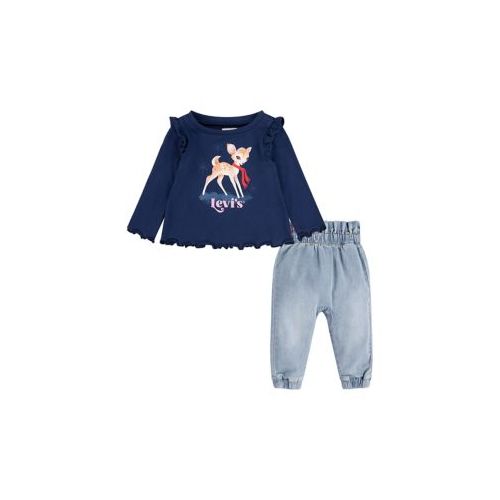 리바이스 Baby Girls Long Sleeve Deer Graphic T-Shirt and Denim Pants Set