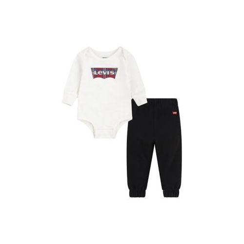 리바이스 Baby Boys Long Sleeve Plaid Logo Bodysuit Set