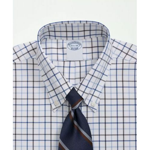 브룩스브라더스 Stretch Supima Cotton Non-Iron Pinpoint Polo Button-Down Collar, Windowpane Dress Shirt