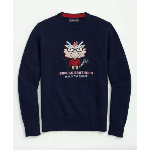 브룩스브라더스 Mens Merino Wool Blend Crewneck Lunar New Year Dragon Embroidered Sweater