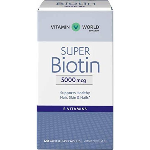  Vitamin World Super Biotin 5000 mcg. 120 Capsules, B Vitamin, Hair, Skin and Nails, Rapid-Release, Gluten Free