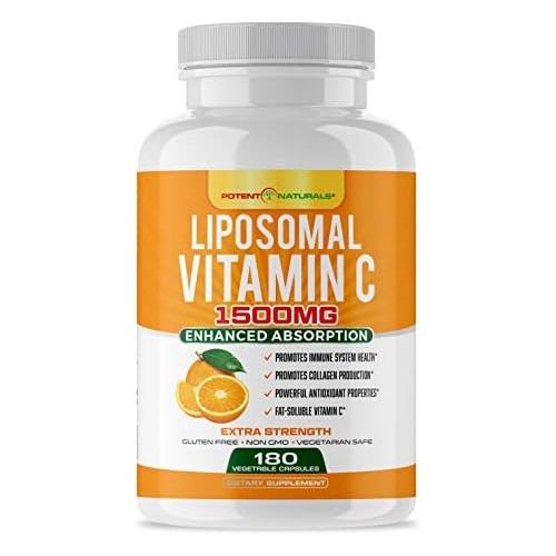  POTENT NATURALS Liposomal Vitamin C 1500mg -180 Vegan Capsules - Vitamin C, Fat Soluble Vitamin C, High Dose Ascorbic Acid, Collagen Booster, Antioxidant & Immune Support Vitamins, Non GMO - Lypo