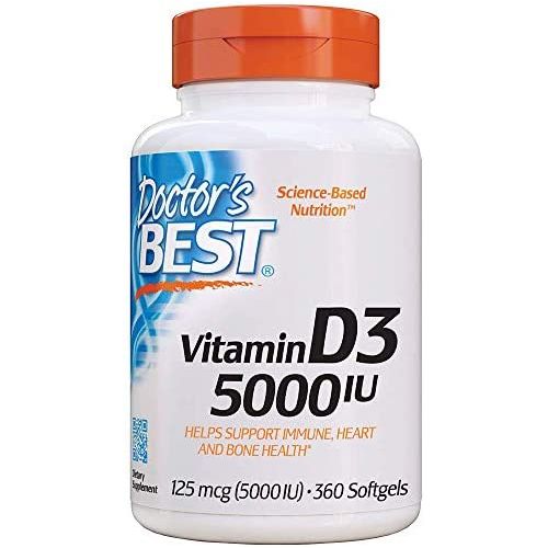  Doctors Best Vitamin D3 5,000 IU for Healthy Bones, Teeth, Heart and Immune Support, Non-GMO, Gluten-Free, Soy Free, 360 Count (Pack of 1)