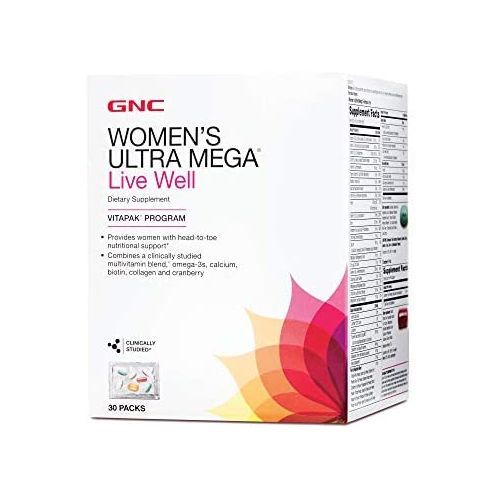  GNC Womens Ultra Mega Live Well Vitapak Program Full Body Supplement Support 3-Step Multivitamin System for Optimal Health Contains Omega-3, Calcium, Biotin, Collagen & Cranberry 3