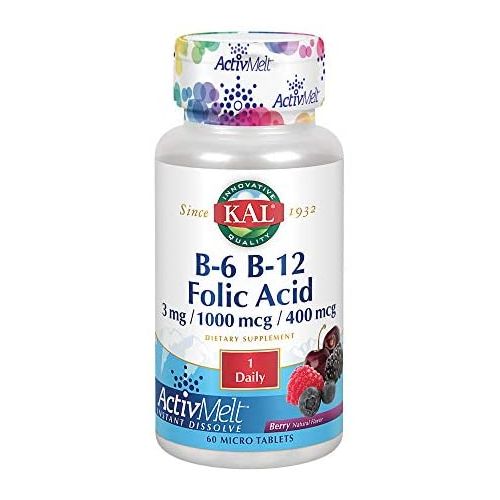  KAL B-6, B-12, Folic Acid ActivMelt Healthy Heart & Energy Support Natural Berry Flavor 60 Micro Tablets, 60 Serv.