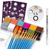 CCBeauty Professional Face Body Paint Oil 12 Colors Halloween Art Party Fancy Make Up Kit with 10 Blue Brushes,3-Well Plate with Spatula Tool,4 Sheet Stencils
