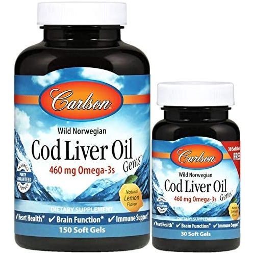 Carlson - Cod Liver Oil Gems, 460 mg Omega-3s + Vitamins A & D3, Wild-Caught Norwegian Arctic Cod Liver Oil, Sustainably Sourced Nordic Fish Oil Capsules, Lemon, 180 Softgels
