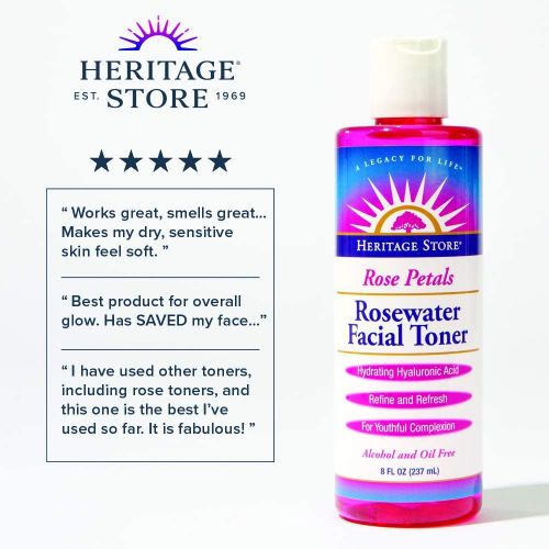  Heritage Store Rosewater Facial Toner w/Hyaluronic Acid | Hydrates & Refreshes Skin | No Dyes or Alcohol, Vegan | 8oz