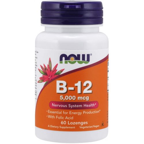  NOW Supplements, Vitamin B-12 5,000 mcg, With Folic Acid, Nervous System Health*, 60 Lozenges