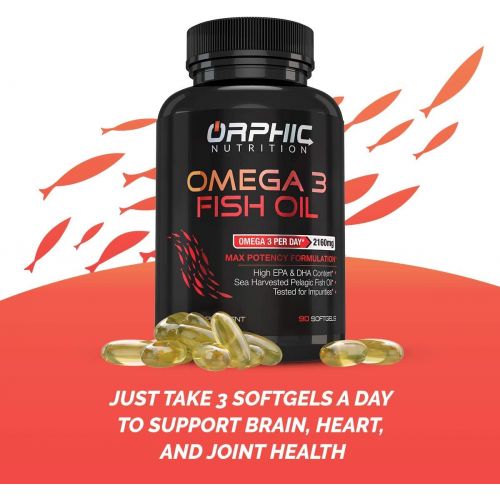  ORPHIC NUTRITION Omega 3 Fish Oil Supplements Burpless Lemon Flavored Capsules 3600mg - Essential Fatty Acids Supplement for Heart Health and Joint Health* - 90 Softgels