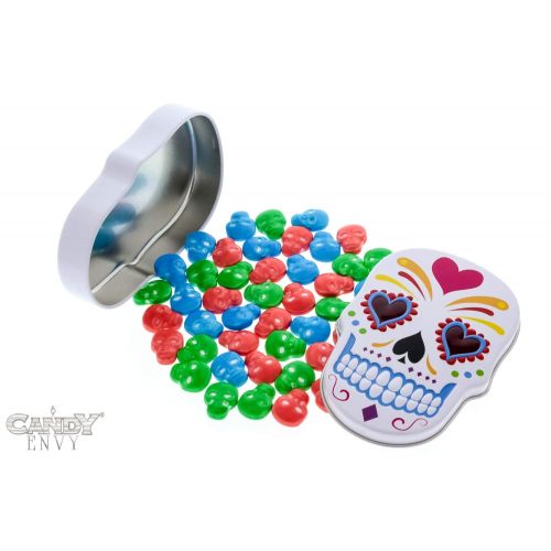  Candy Envy Sugar Skulls Candy Filled Tins - Dia De Los Muertos Hard Candy - Include How to Build a Candy Buffet Guide (18 Pack Display)