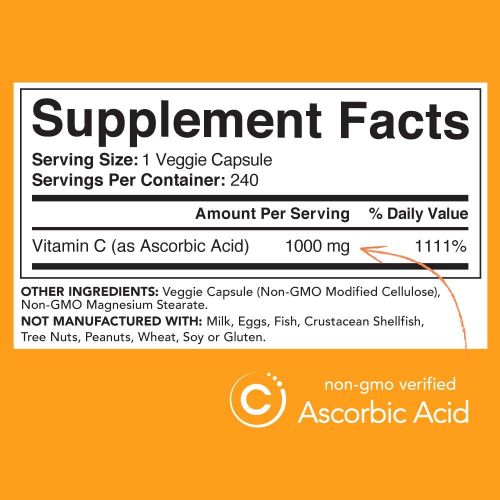  Sports Research Vitamin C 1000mg (240 Veggie-Capsules) Non-GMO Project Verified Vitamin C Supplement for Immune Support & Antioxidant Protection