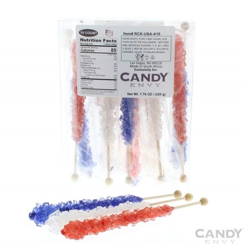  Candy Envy USA Rock Candy On a Stick -10 Pack - Extra Large Individually Wrapped Rock Candy - Fourth of July Candy - Red, White, and Blue American Pride