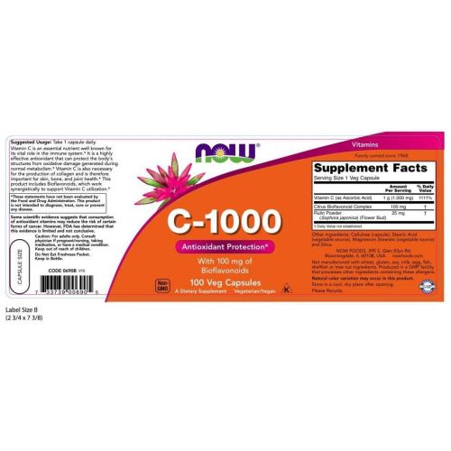  NOW Supplements, Vitamin C-1,000 with 100 mg of Bioflavonoids, Antioxidant Protection*, 100 Veg Capsules