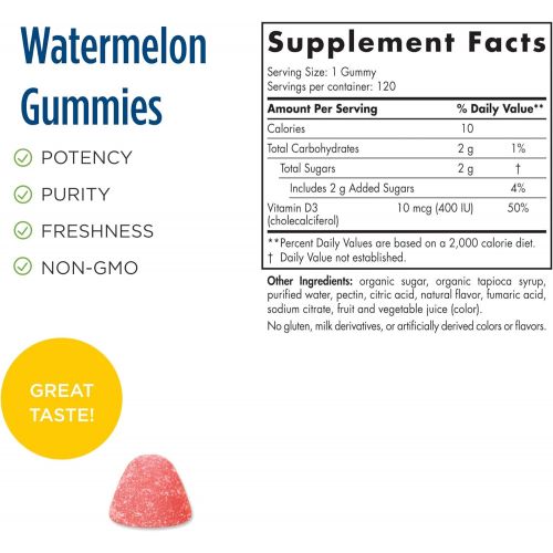  Nordic Naturals Vitamin D3 Gummies Kids, Wild Watermelon Splash - 120 Gummies - 400 IU Vitamin D3 - Bone Health, Healthy Immunity - Non-GMO, Vegetarian - 120 Servings