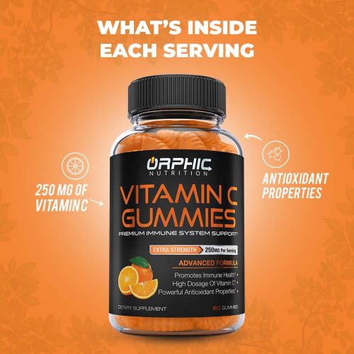  ORPHIC NUTRITION Vitamin C Gummies for Daily Immune Support* - Extra Strength 250mg Vitamin C Supplement Made up of Vitamin C Antioxidants for Adults & Kids* - for Immune System Support* - 60 Gumm