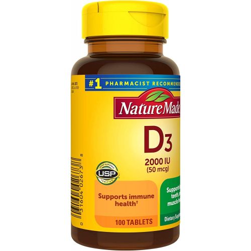  Nature Made Vitamin D3 2000 IU (50 mcg), Dietary Supplement for Bone, Teeth, Muscle and Immune Health Support, 100 Tablets, 100 Day Supply