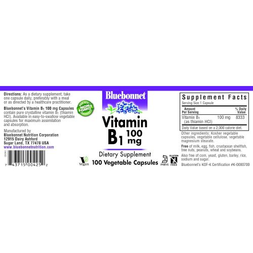  Bluebonnet Vitamin B-1 100 mg Vegetable Capsules, 100 Count
