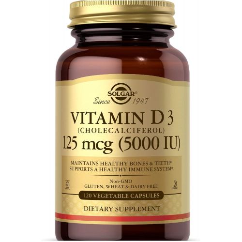  Solgar Vitamin D3 (Cholecalciferol) 125 MCG (5000 IU), 100 Softgels - Helps Maintain Healthy Bones & Teeth - Immune System Support - Non GMO, Gluten Free, Dairy Free - 100 Servings