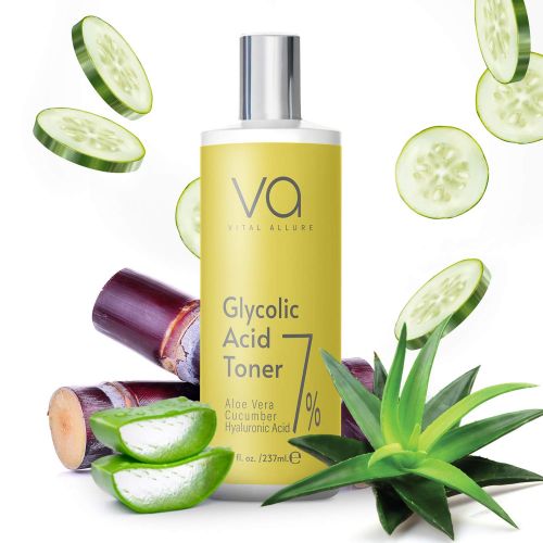  Vital Allure Glycolic Acid Toner For Face - Anti Aging, Pore Minimizer, Exfoliating Toner For Glowing Skin - With Aloe Vera Gel, Cucumber, Hyaluronic Acid -Alcohol Free Toner - For