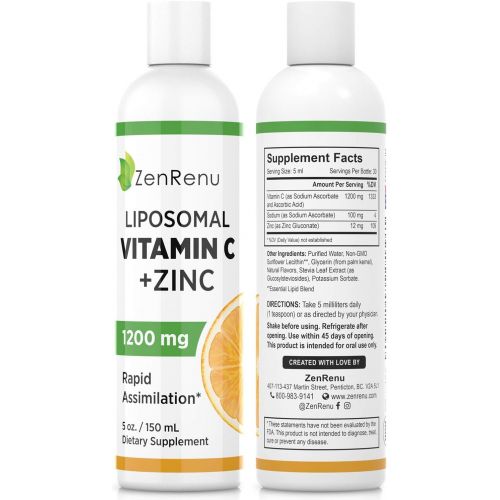  Zenrenu Liposomal Vitamin C Liquid & Zinc -1200mg Supplement for Rapid Cellular Absorption - Great Tasting Drops for Adults & Kids - Immune Support & Antioxidant - Sunflower Lecithin No GM