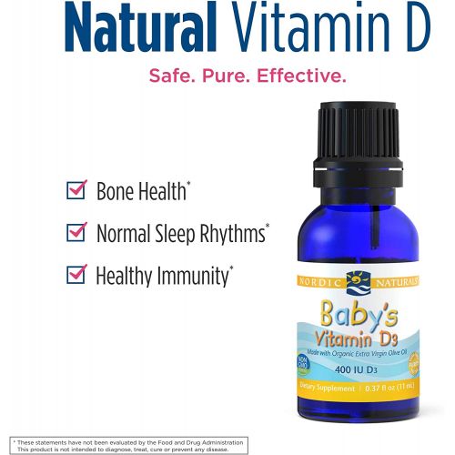  Nordic Naturals Baby’s Vitamin D3, Unflavored - 0.37 oz - 400 IU Vitamin D3 - Healthy Bones, Immune System Support, Normal Sleep Rhythms - Non-GMO, Certified Vegetarian - 365 Servi