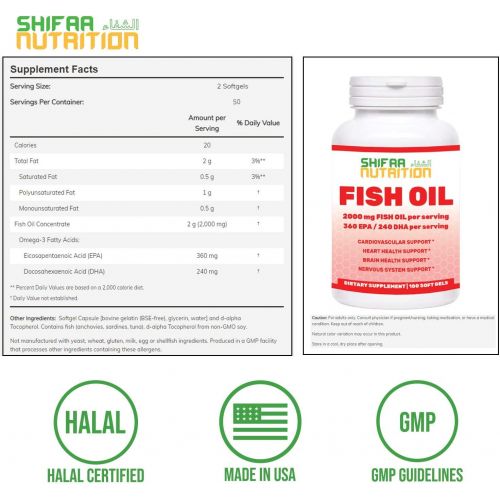  SHIFAA NUTRITION 2,000mg Halal Omega-3 Wild Peruvian Fish Oil w/ EPA & DHA 50 Servings Non-GMO, Molecularly Distilled Supports Heart, Cardiovascular, Brain & Joints