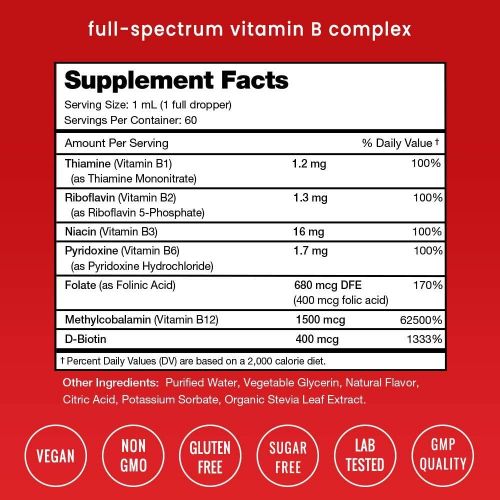  NutraChamps Vitamin B Complex Liquid Drops B Vitamins Complex Supplement with B1, B2, B3, B6, B7, B9 & Methyl B12 Drops for Adults & Kids Vegan Berry Flavor 2oz 60 Servings / 2 Mon