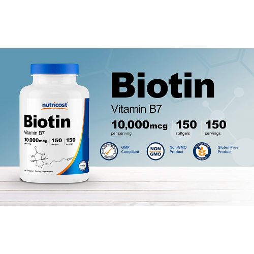  Nutricost Biotin (10,000mcg) in Coconut Oil 150 Softgels - Gluten Free, Non-GMO
