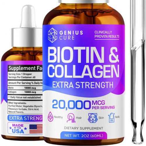  GENIUS CURE Genius Biotin & Collagen Hair Growth Support Drops - Hair Supplement - Healthy Skin & Nails - Liquid Biotin & Collagen Supplement for Easy Absorption - Healthy Hair Growth for Men