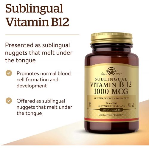  Solgar Vitamin B12 1000 mcg, 250 Nuggets - Supports Production of Energy, Red Blood Cells - Healthy Nervous System - Promotes Cardiovascular Health - Vitamin B - Non-GMO, Gluten Fr