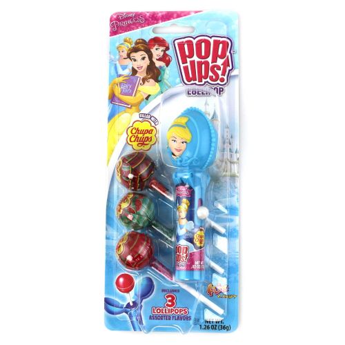  Disney Princess Pop Ups Lollipop Case Holder (Cinderella, Ariel, Mulan) with Chupa Chups Lollipops and 2 Gosu Toys Stickers (3 Pack)