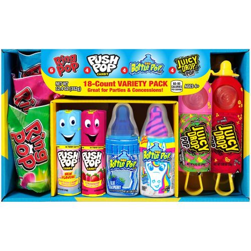  Bazooka Candy Brands Easter Variety Candy Box - 18 Count Lollipops w/ Assorted Flavors from Ring Pop, Push Pop, Baby Bottle Pop & Juicy Drop - Fun Easter Candy for Gifts